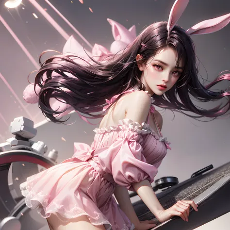 a women, pink bunny ears, black hair, pink eyes, pink dress