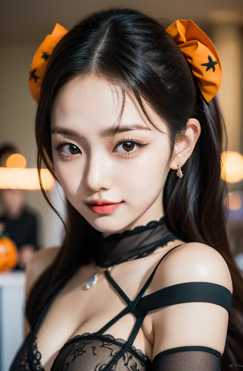 Eri Kamei from Morning Musume, Decorated with a Halloween ensemble that perfectly complements her beauty and sensual figure. The image is、It must be proof of the fusion of AI and art, Catch her in moments of playful mischief and charm. The backdrop should ...