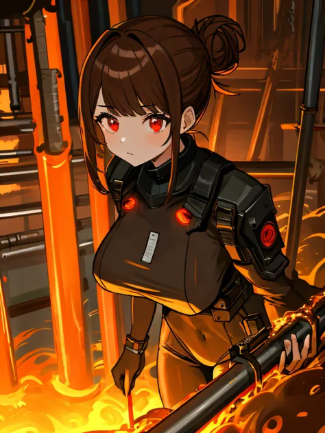 (masterpiece, best quality, absurdres, very detailed eyes), 1girl, solo, solofocus, medium breasts, brown hair, long hair, red eyes, bangs, closeup, teenager, cyberpunk, black clothing, steel mill, large warehouse, molten liquid, molten steel, industrial b...