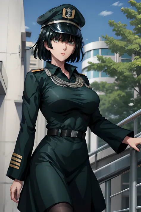 Fubuki vestida con uniforme militar, uniforme negro, gorra militar, uniforme militar, abrigo negro, botas negras, mirando al espectador