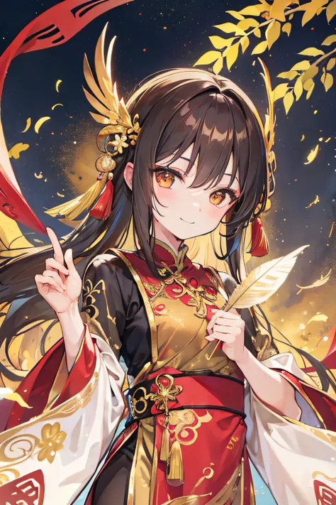 golden eyes，feather-adorned，brunette color hair，with a petite figure，quill，chinesedress，sweet smiling，long whitr hair，eau