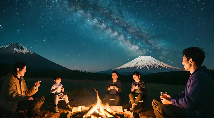 nighttime scene、Beautiful starry sky、mont. Fuji in the background、Dance around the campfire、Warmth、beautiful wallpaper、beatuful nature、Cheers、Adults and children、Mt. Fuji is one、