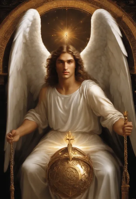 um personagem masculino, anjo olhos vermelhos e um sorriso debochado , imagem celestial, detalhes intricados, realista, asas PRETAS e grandes, fundo angelical, l, Male character of the Bible, Michael is wearing his dark armor , cosmic background, Illuminat...