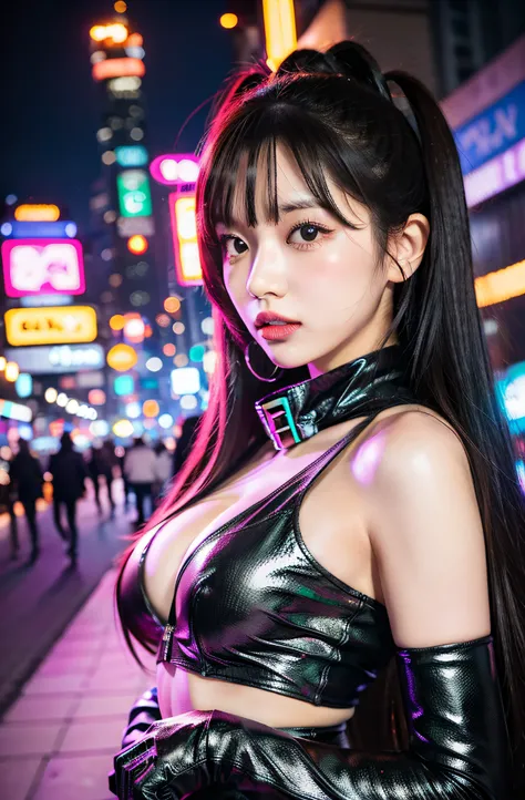 Night in Shibuya: Create ultra-realistic images of Eri from Morning Musume, Wearing Halloween costumes, Surrounded by the bustling cityscape of Shibuya at night. Neon lights in the city illuminated her, Highlights tips of her big bust and cleavage. Her tee...