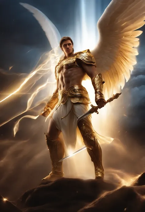 ((1 homem anjo)), cósmic  Archangel Gabriel, ((1 homem)), oLhos cLaros briLhantes, Biomechanicals, beauty face, the God of angels, with a flickering sword in his hands, angel of justice , The most beautiful of angels, cores muito briLhantes, light particle...