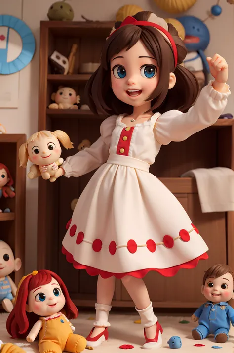 Full of stuffed dolls that have life , Who are partying , ao lado de 1girl de 13 anos, de cabelos castanhos , e olhos, roupa de aventura , sem pasta , 1girl is happy next to the plush dolls