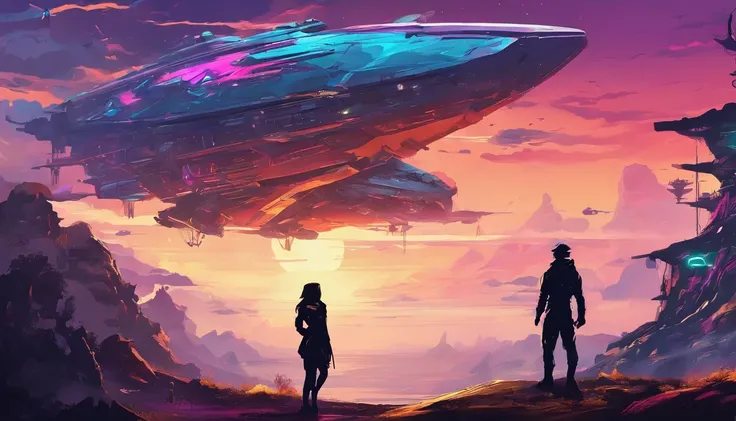 A couple Fighter Spaceship flying over a silhouette of a father and daughter from Vietnam who are standing on a mountain with the wind blowing the daughters hair and the fathers jacket, concept art wallpaper 4k, sci-fi fantasy wallpaper, sci fi artwork, de...