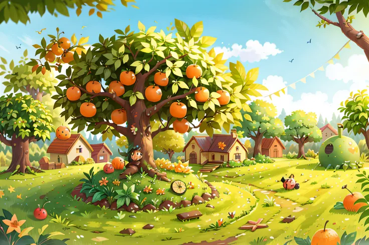 There is a small orange tree in the middle of the field, fruit trees, garden with fruits on trees,There was a little girl running，ssmile