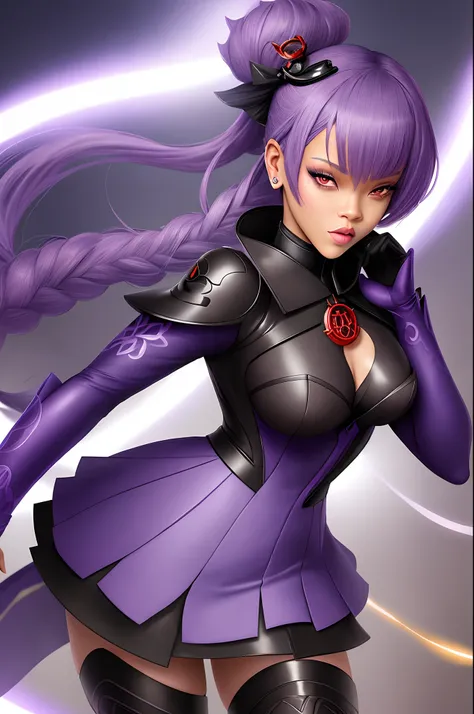 rihanna como personagem de genshin impact. detailed cenary. Elemento da eletricidade, roupas da cor roxo, preto com branco.