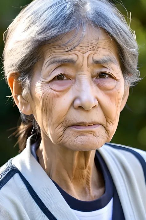 Japan old woman with wrinkled face。His own wrinkles are complex and he has a troubled expression。Front view。Age is９０In the teenage、No beauty as a woman at all。