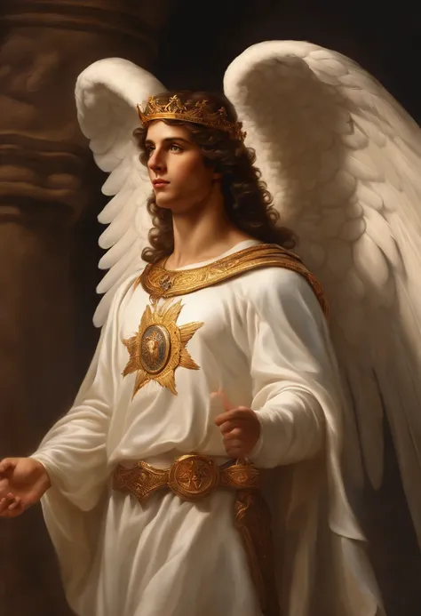 retrato de um personagem masculino, o arcanjo Miguel, imagem celestial, detalhes intricados, realista, asas ROSAS e grandes, fundo angelical, Catholic illustrative image of the archangel Michael, Male character of the Bible, Michael is wearing his angelic ...