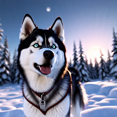 Husky Malamute howling Masterpiece epic deep path equirectangular snow mountain glacier weather snowflakes waterfall woodland night moon luminescence volumetric lightning contrast global illumination saturate ultra_high-resolution meticulously intricate an...