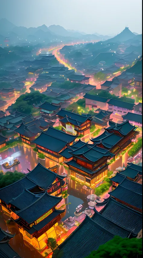 Arafed view of a village，a lot of lights on the buildings，dreamy Chinese towns，Chinese village，Amazing wallpapers，Song Dynasty town，Song dynasty villages，surreal photo of a small town，old asian village，Song dynasty city，Hyper-detailing，Neat，Neat planning，R...