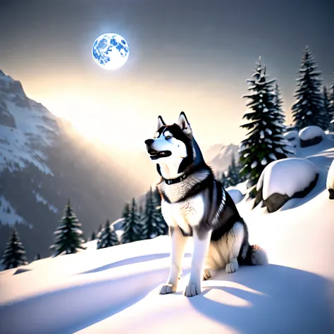 Husky Malamute howling Masterpiece epic deep path equirectangular snow mountain glacier weather snowflakes waterfall woodland night moon luminescence volumetric lightning contrast global illumination saturate ultra_high-resolution meticulously intricate an...