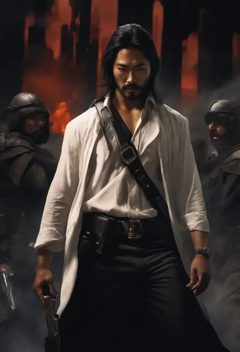 apocalypse post, charachter: Asian man with thin beard and long hair stuck black:1.3, 25 years old, Black Police Detective Uniform, Crucifixion on the chest, Emblem at the waist, Hold the shooter in your hand., Apocalypse powder