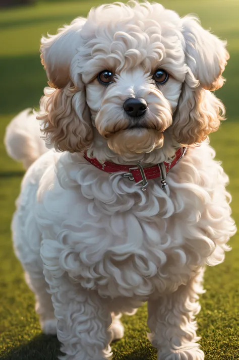 (8k, RAW photo, best quality, masterpiece:1.2), (realistic, photo-realistic:1.4), ultra-detailed, (high detailed skin:1.2), 8k uhd, dslr, soft lighting, high quality, film grain, white Poodle dog, outdoors, full body view