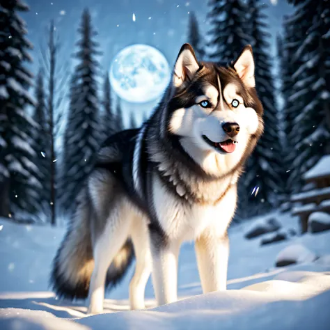 night Husky Malamute howling Masterpiece epic deep path equirectangular snow mountain glacier weather snowflakes waterfall woodland moon luminescence volumetric lightning contrast global illumination saturate ultra_high-resolution meticulously intricate an...