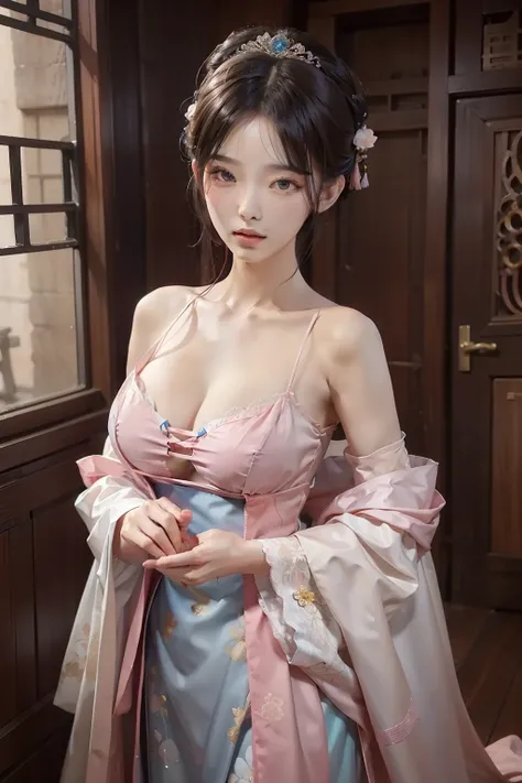 , Wet-breasted Hanfu open V-chested clothes, All pictures, Wet body of thin silk fabric, Thin silk lace petticoat,princess 8 yeald old cute, (huge boobs，cleavage),petticoat, white pink, blue ，best qualtiy，tmasterpiece，超高分辨率，（真实感：1.4），RAW photogr，（True skin...