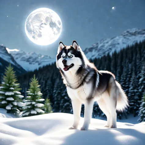 night Husky Malamute howling Masterpiece epic deep path equirectangular snow mountain glacier weather snowflakes waterfall woodland moon luminescence volumetric lightning contrast global illumination saturate ultra_high-resolution meticulously intricate an...