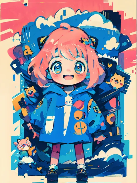 anya forger, 1child, pink hair, happy, kawaii, child, doodles, front view, smile, blush,