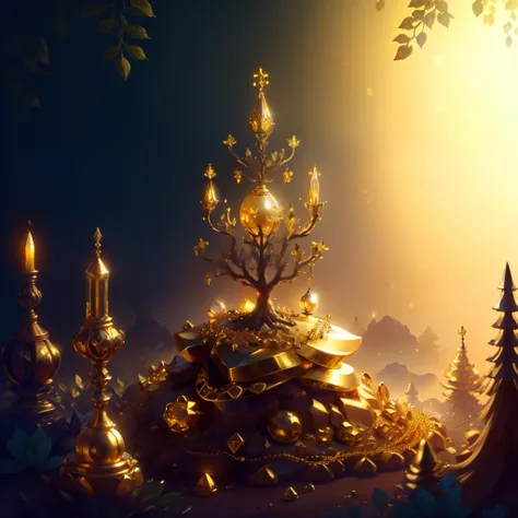 ant hill filled with piles of gold and treasures, magic lamp on top, jewelry, fantasy forest ambiance