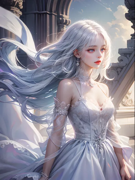 a women, white hair, purple eyes, white dress