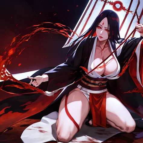 unohana, solo, kimono , red eyes, haori, temple , orange moon, scar on chest, parted lips, thick thighs , big breasts, bankai, b...