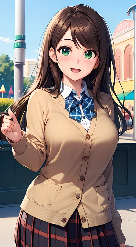 ((masterpiece, best quality, highres, UHD, perfect pixel, depth of field, 4k, RTX, HDR)), 1girl, single, solo, beautiful anime girl, beautiful artstyle, anime character, ((long hair, parted bangs, brown hair)), (green eyes:1.4, rounded eyes, beautiful eyel...