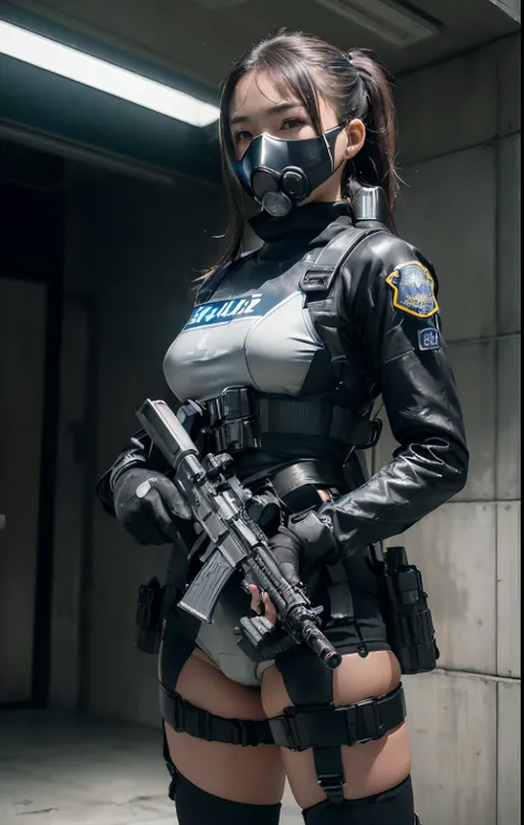 ((best quality, (masterpiece), photorealistic, photorealism, Photorealistic, high resolution)), 1girl full body, Combat pose, (Detailed face), (wearing rash-guard likes police uniform, gloves, black and grey mecha, wearing futuristic-gasmask, military harn...