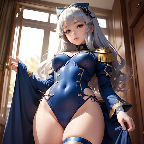 Silvery curly hair、hime-cut、Girl with golden eyes、View of the crotch from below、flat chest、Thin pubic hair、Beautiful open legs、blue military uniform