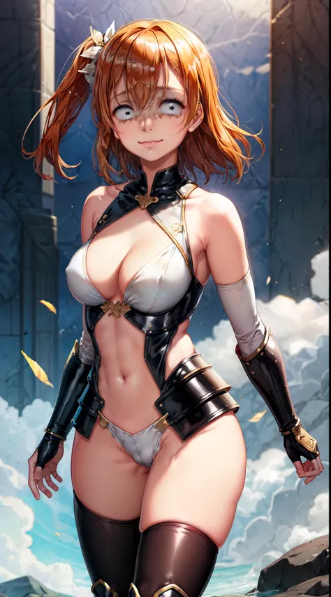 Kousaka honoka,see through,hair ornament, oily skin, bangs, beautiful, beautiful woman, perfect body, perfect breasts, bodysuit, shoulder armor, groin armor, a slight smile, masterpiece, textured leather, super detailed, high detail, high quality, best qua...