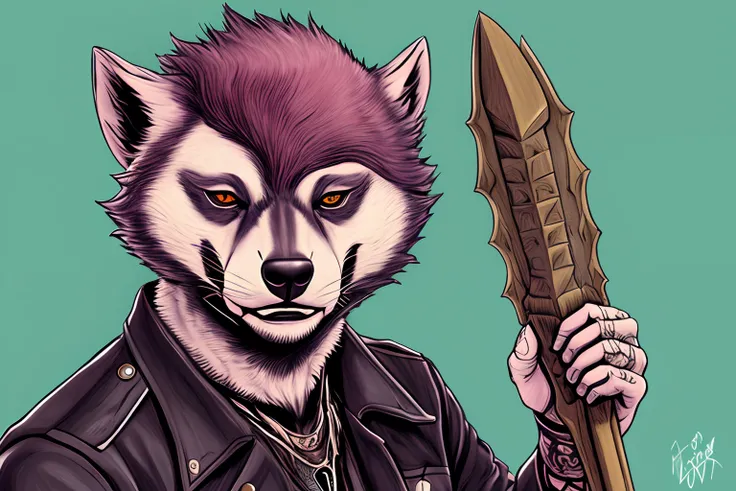 Honey badger fursona, man, punk, weapon bat, portrait