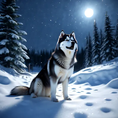 night husky malamute howling masterpiece epic deep path equirectangular snow mountain glacier weather snowflakes waterfall woodl...