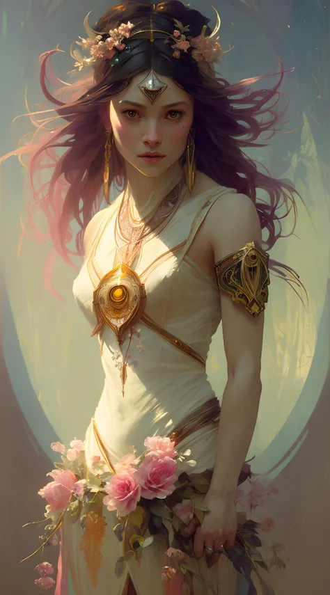 (symmetry: 1.1) (floral portrait: 1.05) a mulatto woman as a FAIRY OF THE FOREST, (assassins creed style: 0.8), pink and gold and opal color scheme, beautiful and intricate filegrid face painting, intricate, elegant, highly detailed, digital painting, art ...