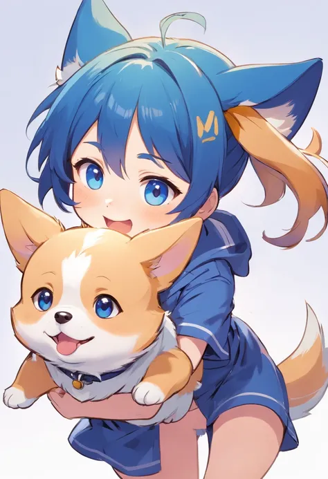 anime corgy puppy，Expression of cuteness, No background, no background, white background, girl with short blue hair and blue eyes ((no dog ears)), bust up, close up, azur lane style