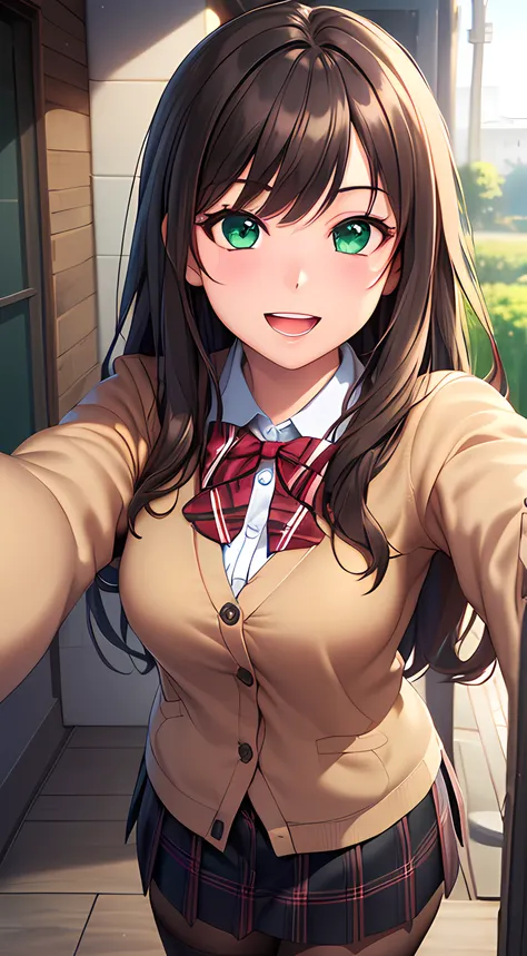 ((masterpiece, best quality, highres, UHD, perfect pixel, depth of field, 4k, RTX, HDR))), 1girl, single, solo, beautiful anime girl, beautiful artstyle, anime character, ((long hair, bangs, brown hair)), (green eyes:1.4, rounded eyes, beautiful eyelashes,...