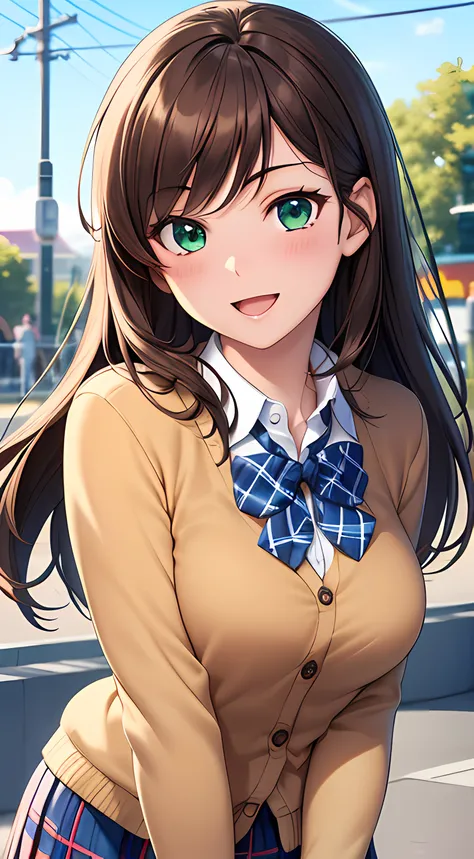 ((masterpiece, best quality, highres, UHD, perfect pixel, depth of field, 4k, RTX, HDR)), 1girl, single, solo, beautiful anime girl, beautiful artstyle, anime character, ((long hair, parted bangs, brown hair)), (green eyes:1.4, rounded eyes, beautiful eyel...