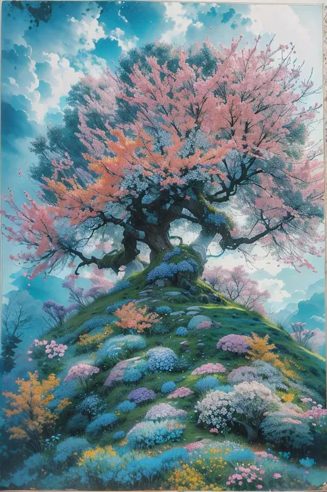 A strange tree, whose trunk is made of flowers and whose leaves are also made of flowers, is planted on a hill. The tree stands out against the deep, bright blue color of the trees.Artist uses blotting ink、Blurred the boundaries of the picture, Combination...