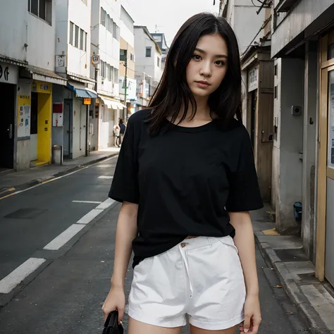 a black T-shirt　A dark-haired　Street style　Okinawa　full bodyesbian