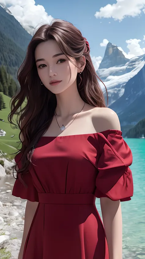 masterpiece,ultra realistic,32k,extremely detailed CG unity 8k wallpaper, best quality,
The Swiss Alps, Switzerland, ( Dark red A-line dress ) ,((spring day )), Beachy waves with a side part ,eardrop,lady ,necklace,