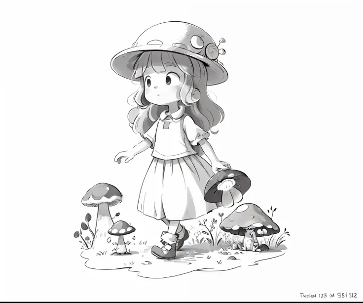 Draw a mushroom girl in a hat and dress, Official illustration, storybook illustrations, Detailed 2D illustration, childrens book illustrations, Storybook illustration, full page illustration, cute storybook illustration, childrens book illustrations, chil...