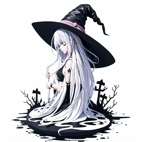 Create a painting of a witch who is feeling lonely and isolated, vector, minimalistic, ink drawing, detailed, water color splash, only one color on background