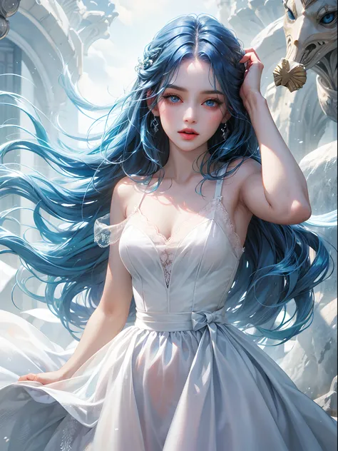 a women, blue hair, blue eyes, white dress