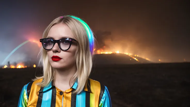 Photo of blonde woman (She has rainbow stripes in her hair:1.1), Subtle red lipstick, High detail skin,, The house burning behind her , during night,   an award winning photograph , Dark eyeshadow, Big black glasses, Cinematic, Low-light shooting,  Ambient...