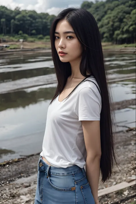 Thai woman, view the viewer, Long hair, shirt, Jeans, Cloud, day, sky,Outdoors, Post-apocalypse, 废墟, scenery, tree, water,