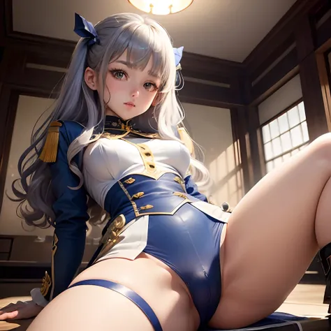 Silvery curly hair、hime-cut、Girl with golden eyes、View of the crotch from below、flat chest、Thin pubic hair、Beautiful open legs、blue military uniform