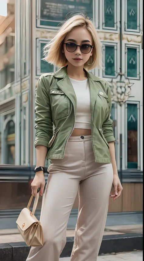 malay girl wear half button rib knit tee with green jacket and high waist plicated detail suit pants, short blonde hair, bob hai...