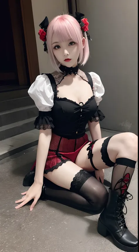 short-hair、Gothic Lolita in Japan、hotpants、Perforated Lace Knee Socks、head phone、Hold the sword、Red mesh with white hair、Black boots、Floral hair ornament