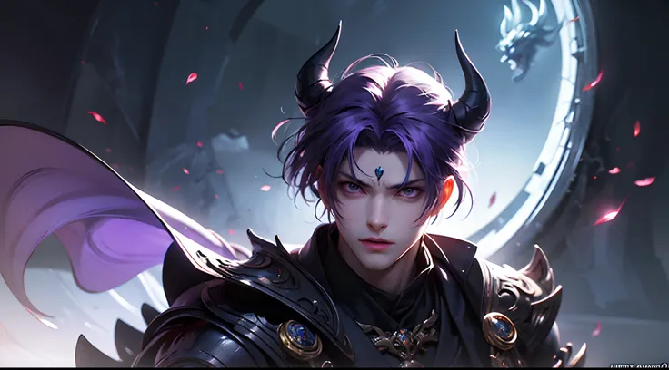 anime character with purple hair and glowing eyes in front of a dark background, handsome guy in demon slayer art, epic fantasy art style, badass anime 8 k, epic fantasy digital art style, detailed digital anime art, human male demon, portrait of hades, ep...