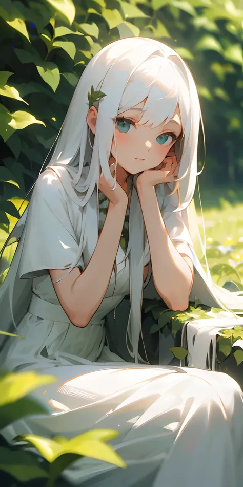 (masterpiece, best quality),1girl with long white hair sitting in a field of green plants and flowers, her hand under her chin, warm lighting, white dress, blurry foreground